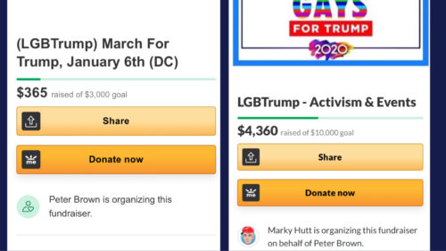 The now-deleted LGBTrump GoFundMe for Hutt's trip to Washington D.C. (left) and the active GoFundMe for activism (right)