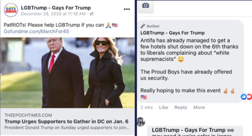 The LGBTrump page promoting their GoFundMe (left) and a comment by the page telling readers that 