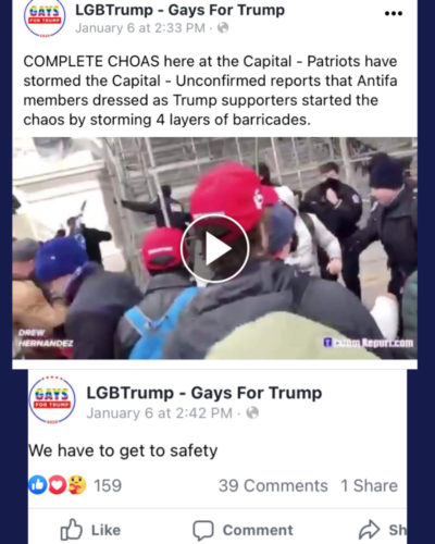 LGBTrump's posts from the U.S. Capitol riots. One is the sharing of another video with a caption justifying the actions (top), followed by a declaration that they needed 
