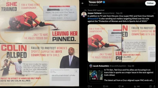 Texas Gop Mailer Transgender Misinformation Targeting Colin Allred For Senate Ted Cruz Opponent As Tweeted By Jaspscherer Retwee