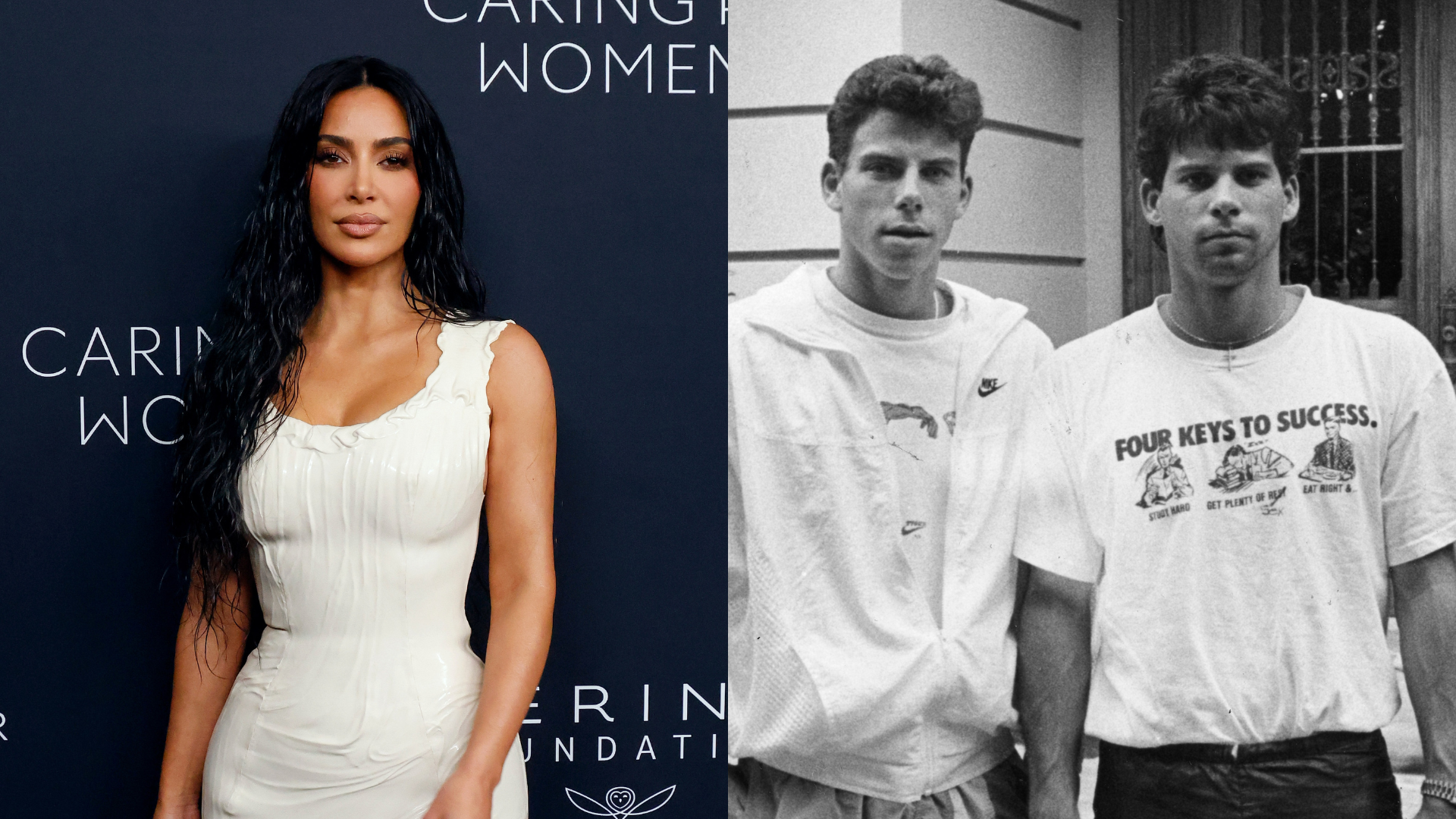 Split photo of Kim Kardashian and the Menendez brothers.