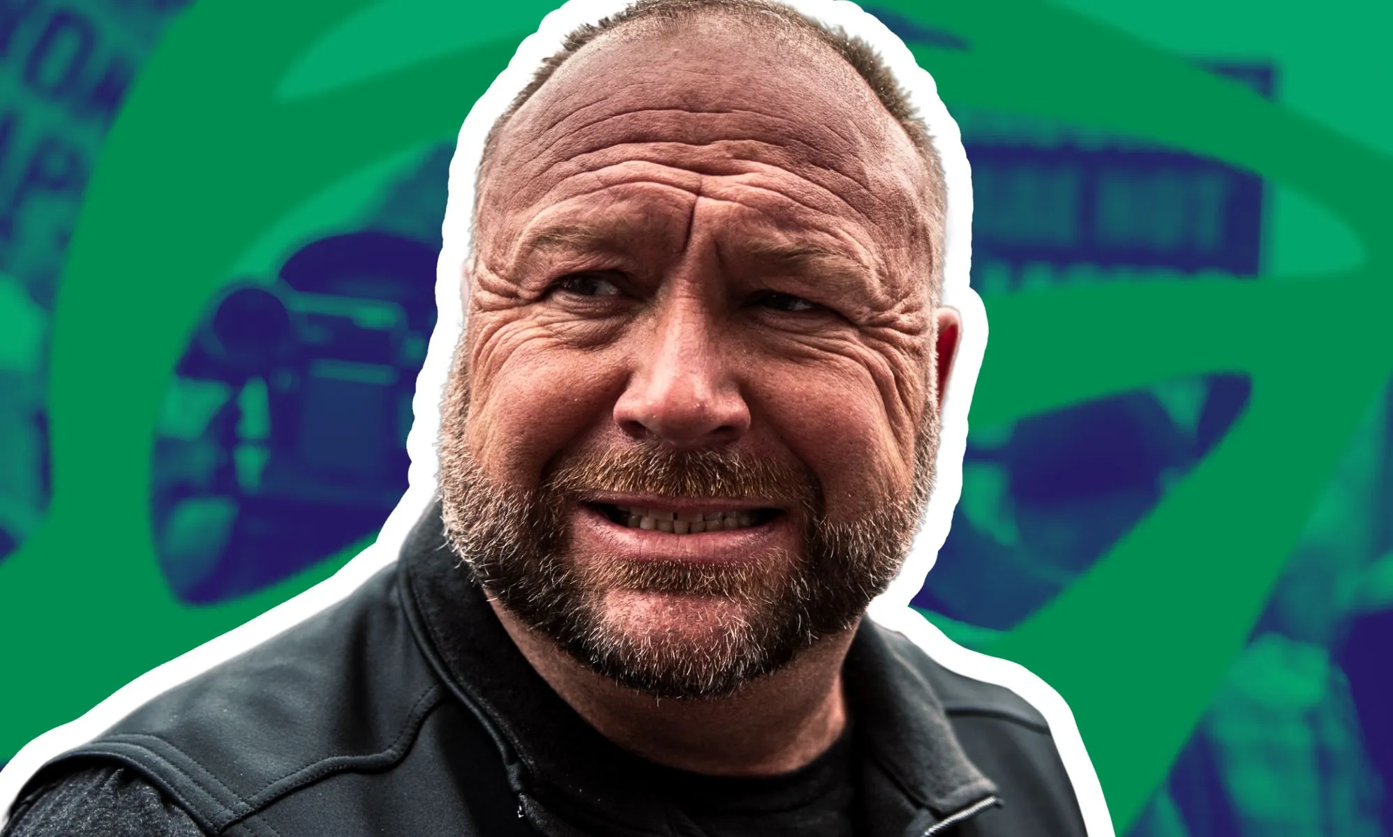 Alex Jones infront of an edited picture of The Onion logo.